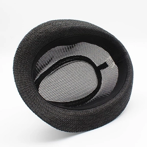 Men's breathable straw fedora hat in dark brown with 100% paper weave and size label