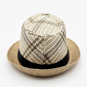 Detail of multi-color woven straw pattern and black ribbon on stylish fedora hat