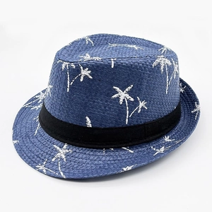 Dark blue straw fedora hat with white coconut tree prints and black ribbon band