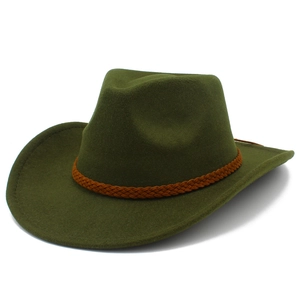 Detail of olive green wool felt cowboy hat with classic brown braided band and dented crown