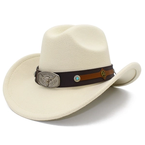 Detailed close-up of felt cowboy hat with bull head metal buckle and brown leather band