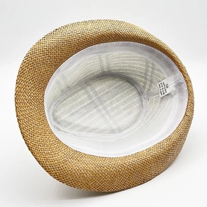 Men's stylish straw fedora hat with striped band and 100% paper fiber interior detail