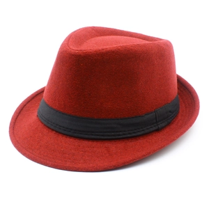 Classic red wool fedora hat for women with black grosgrain ribbon for autumn and winter