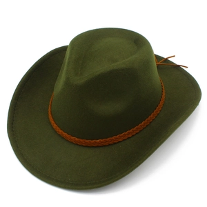 Detail of dark green fedora hat featuring a brown braided band and curved brim