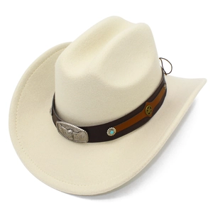 Detail of cream cowboy hat with vintage bull head buckle and turquoise stud