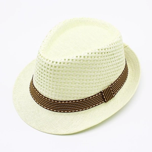 Breathable hollow mesh straw fedora hat for summer beach with striped decorative band