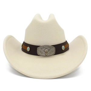 Classic cream felt western cowboy hat with vintage bull head buckle and turquoise studs