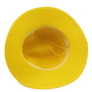 Inside view of yellow straw sun hat with adjustable sweatband and fine woven texture