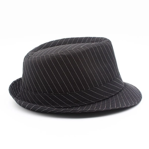 Detailed close-up showing the white pinstripe pattern on this black cotton fedora hat