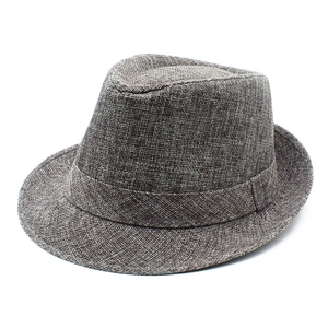 Classic breathable cotton linen fedora sun hat with brown-grey woven texture and trim