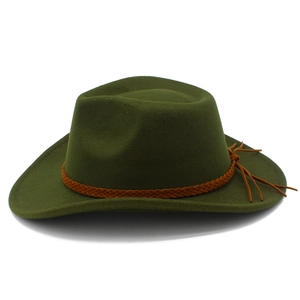 Close-up of olive green felt jazz hat with brown woven rope band and tassel details