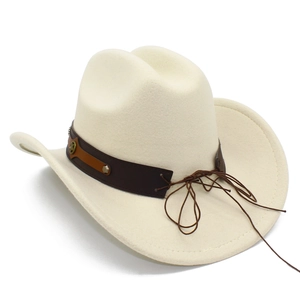 Detail of white felt cowboy hat featuring brown band with metal studs and star accents