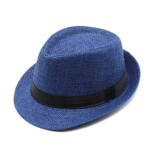 Classic blue woven fedora sun hat for men with black ribbon trim and curved brim