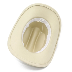Detail of cream felt cowboy hat showing 100% polyester lining and inner sweatband