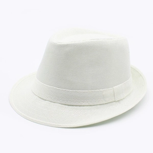 Detail of white woven paper straw fedora showing fine grid texture and matching hatband