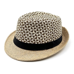 Cappello fedora in paglia con corona a motivi geometrici e nastro nero decorativo