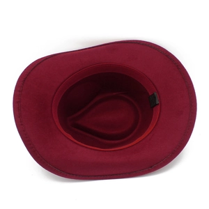 Detail view of burgundy felt jazz hat interior with cotton polyester lining and care label