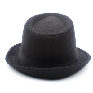 Detailed view of the black wool pork pie hat with matching grosgrain ribbon trim