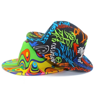 Graffiti printed fedora jazz hat with colorful street art style and vibrant wave patterns