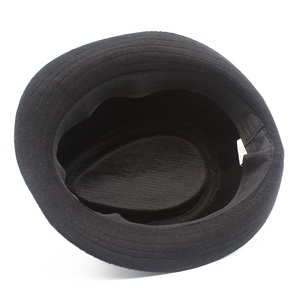 Detailed top view of black wool fedora hat showing inner sweatband and size 58 label