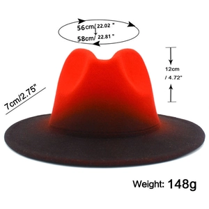 Vue détaillée du chapeau fedora en laine dégradé rouge et noir avec mesures précises