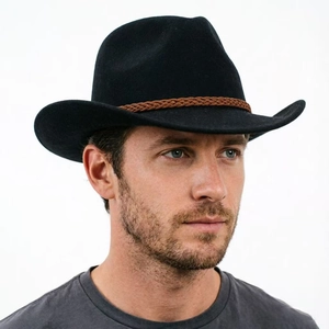Classic black wide brim cowboy fedora with a brown braided leather band for men
