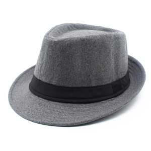 Classic dark grey wool felt fedora with a black grosgrain ribbon on white background