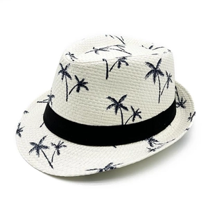 Classic white straw fedora with blue coconut tree print and black ribbon band