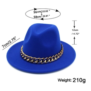 Royal blue fedora with gold chain detail, showing dimensions 56-58cm head size