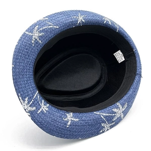 Blue fedora straw hat with white coconut tree prints and black inner sweatband