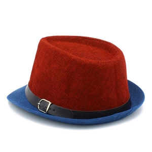 Sombrero fedora de paja para hombre bicolor rojo y azul con banda de cuero sintético negro