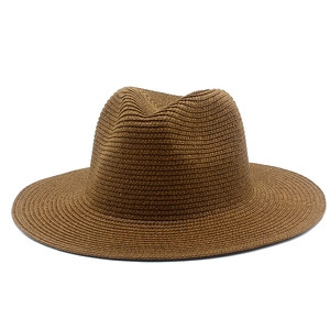 Classic dark brown woven straw fedora hat with flat brim for beach sun protection
