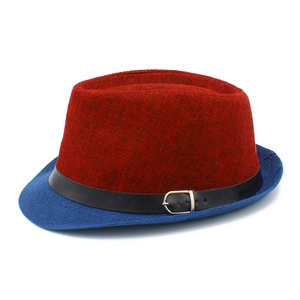 Sombrero de paja estilo jazz retro para hombre bicolor rojo y azul con banda de cuero
