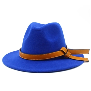Royalblauer Woll-Fedora-Hut mit braunem Lederband mit Schnalle für Damen und Herren