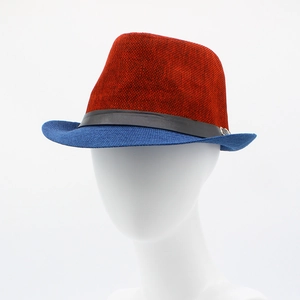 Sombrero fedora de paja para hombre en rojo y azul marino con banda de cuero fino