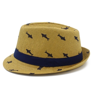 Sombrero Panamá de paja amarillo jengibre con estampado de tiburón y cinta azul
