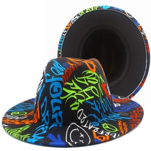 Black fedora hat with vibrant colorful graffiti patterns and street art style prints