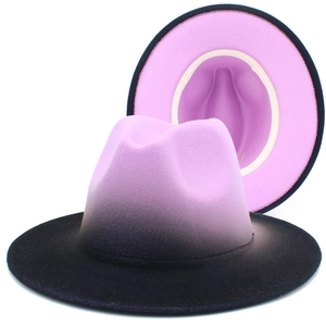 Close-up of wool fedora showing black and purple gradient texture and internal lining