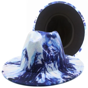 Detailed view showing the blue and white tie-dye wool felt fedora with inner lining