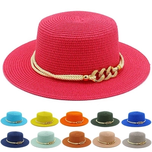 Women Fashion Flat Top Straw Boater Hat With Gold Metal Chain And Rope Decoration Wide Brim Summer Sun Beach Vacation Hat