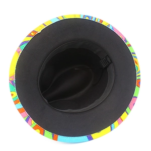 Fashionable felt fedora hat with colorful graffiti brim and black inner crown design