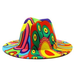 Detailed view of the vibrant psychedelic print and felt texture on this fedora hat