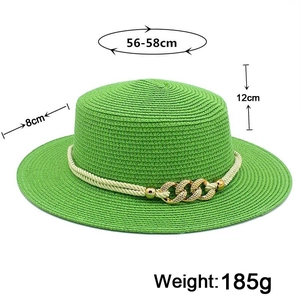 Detailed size chart of emerald straw hat with gold buckle and white rope decor