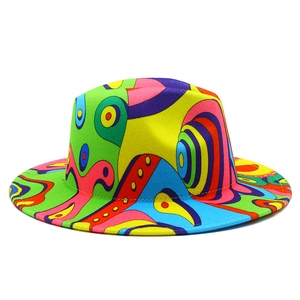 Detail of colorful pop art geometric patterns on a jazz wool fedora hat for travel