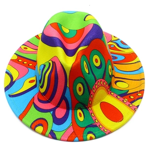 Close-up of colorful psychedelic print and fine stitching on a wool jazz fedora hat