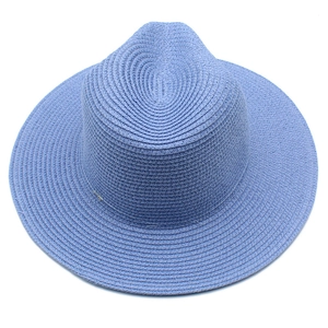 Detailed close-up showing the dense spiral woven texture of a light blue straw sun hat