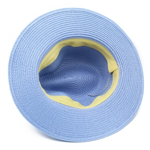 Detailed inner view of woven sun hat showing light blue straw texture and yellow sweatband