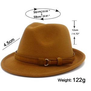 Close-up of ginger wool fedora hat showing belt buckle detail and size specifications