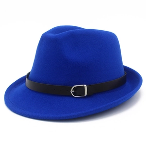 Klassischer königsblauer Wollfedora mit schwarzem Lederband und Silberschnalle für Unisex
