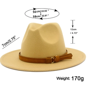 Detail of khaki wool fedora with brown suede band, golden buckle and tassel accent
